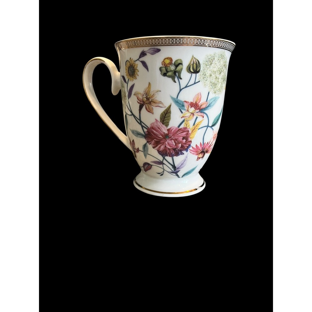 Grace Teaware Fine Porcelain Floral Botanical Footed Coffee Mug Gold Trim White